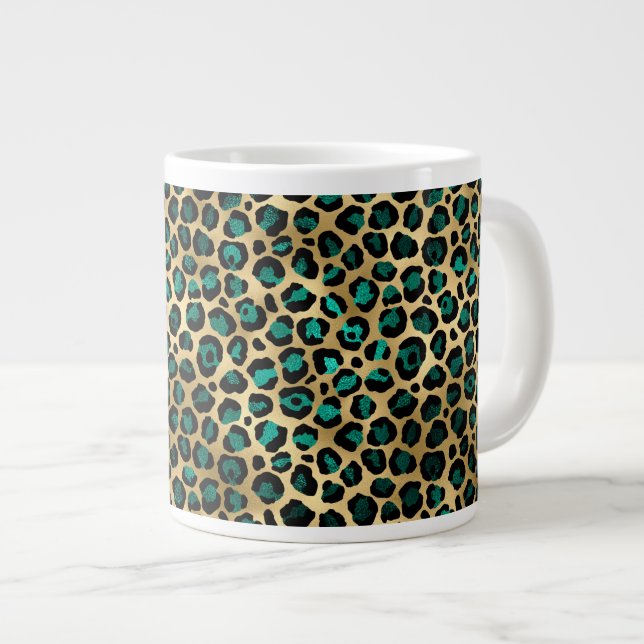 Grande Tasse Série Teal et Or Léopard Design 14 (Devant droit)