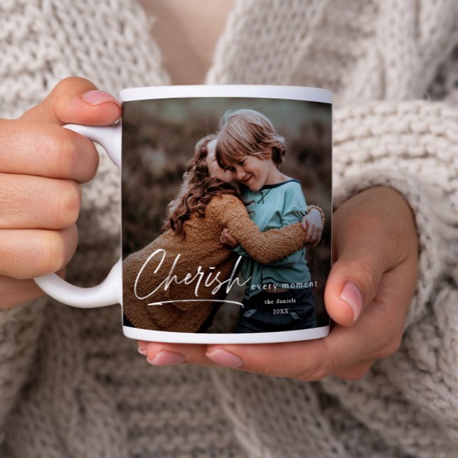 Grande Tasse Simple Script 2 Photo Noël Fêtes (A simple photo mug with script cherish every moment message.)