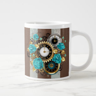 Grande Tasse Steampunk Clock and Turquoise Roses on Striped