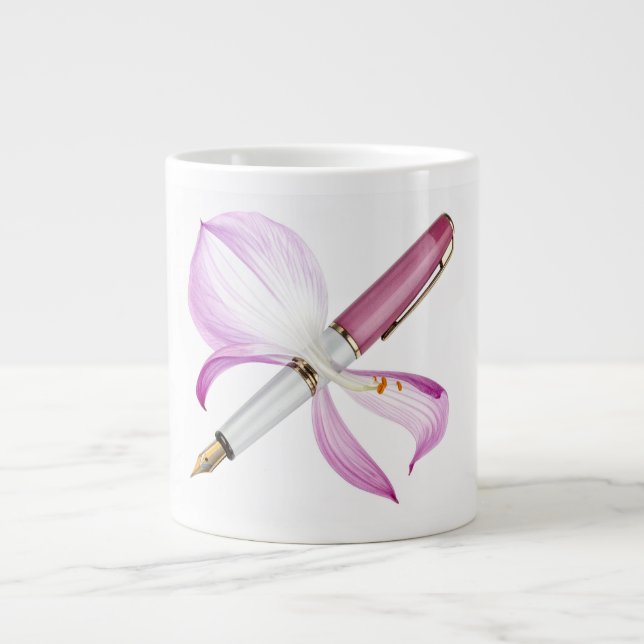 Grande Tasse stylo blanc avec ruban rose (Devant)