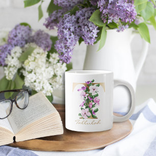 Grande Tasse T Lettre or Monogramme blanc Magenta pourpre Flora