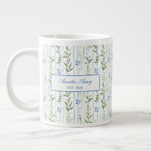 Grande Tasse Tante Bleu Aquarelle Floral Rayé Établie