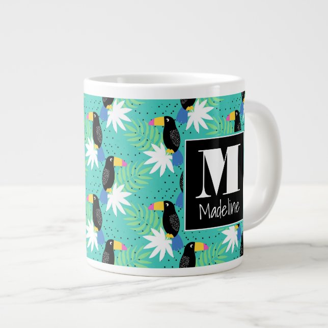 Grande Tasse Toucans sur Turquoise| Monogramme (Devant droit)