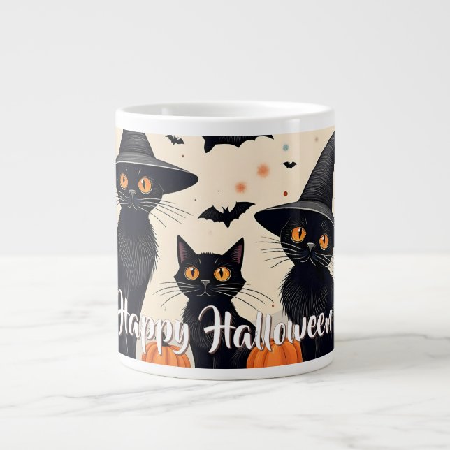 Grande Tasse Trois chats noirs avec Casquettes à l'Halloween (Devant)