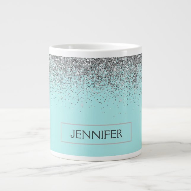 Grande Tasse Turquoise Aqua Blue Silver Parties scintillant Gir (Devant)