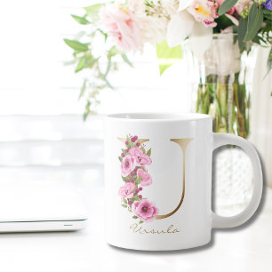 Grande Tasse U Lettre or Monogramme rose magenta Floral