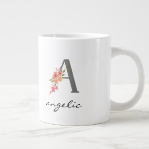 Grande Tasse Un monogramme floral argenté lettre rouge violet v
