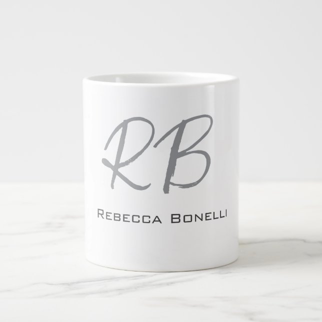 Grande Tasse Unique Monogramme gris blanc moderne (Devant)