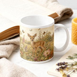 Grande Tasse Vintage Woodland Botanical Deer Cottagecore