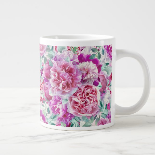 Grande Tasse Watercolor Lush Pink Peonies & Green Teal Leaves (Droite)