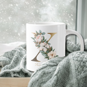 Grande Tasse X Lettre or Monogramme blanc Blush Orange Floral