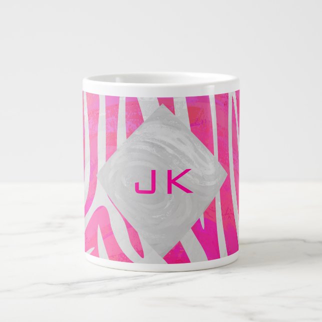 Grande Tasse Zèbre Rose Chaud et Blanc avec Monogramme (Devant)