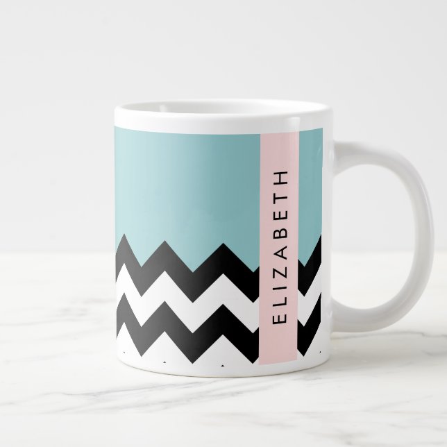 Grande Tasse Zigzag noir et blanc, Chevron, Bleu, Votre nom (Droite)