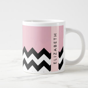 Grande Tasse Zigzag noir et blanc, Chevron, rose, Votre nom