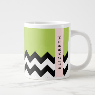Grande Tasse Zigzag noir et blanc, Chevron, Vert, Votre nom