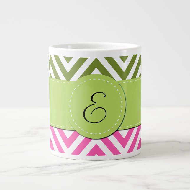 Grande Tasse Zigzag rose, Zigzag vert, Chevron, Monogramme (Devant)