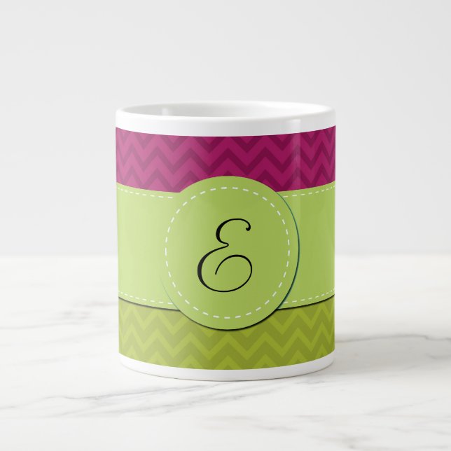 Grande Tasse Zigzag vert, Zigzag rose, Chevron, Monogramme (Devant)