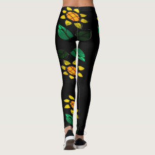 Grandes Fleurs Verre Tiré Leggings Noirs