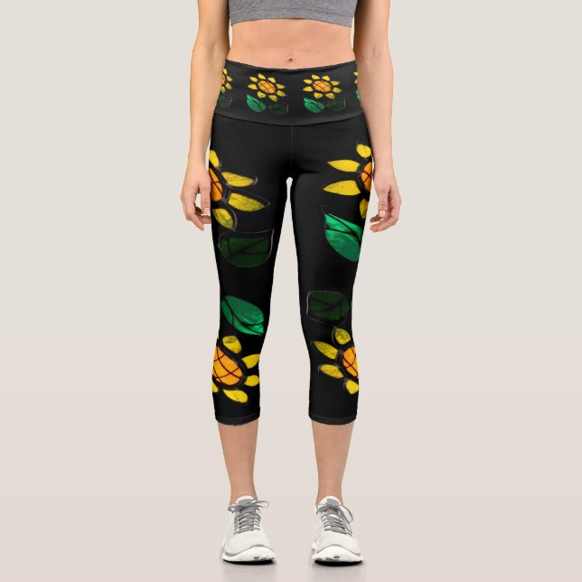 Grandes Fleurs Verre Tiré Noir Capri Leggings (Recto)