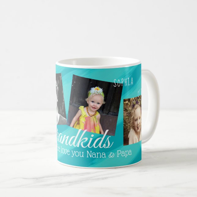 Grandkids Aqua Blue Stripes Four Photo Collage Mug (Devant droit)