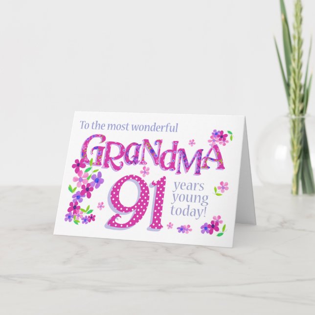 Grandma 91e Anniversaire Mot Art avec carte Fleurs (Devant)