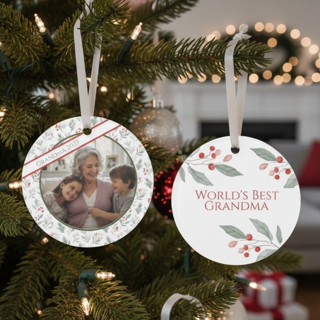 Grandma Christmas Ornament–Custom Photo & Foliage (Grandma holiday photo ornament)