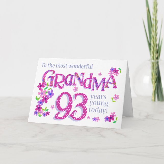 Grandma's 93e Anniversaire Mot Art avec carte Fleu (Devant)