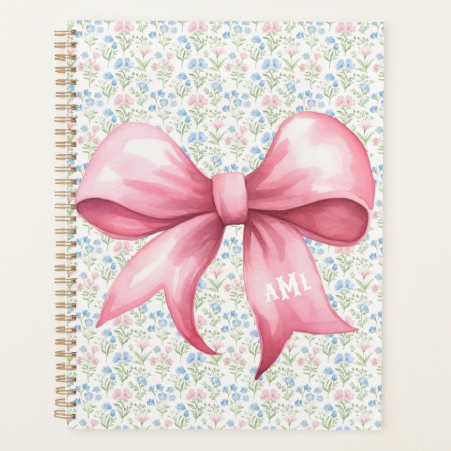 Grandmillennial floral monogram au ruban rose (Devant)