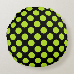 Grands pois verts lime sur un coussin rond noir