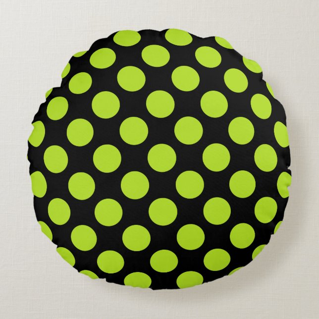 Grands pois verts lime sur un coussin rond noir (Devant)