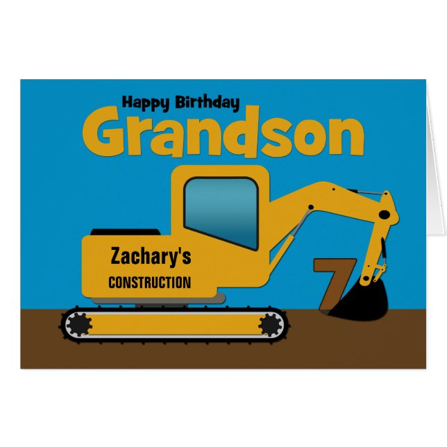 Grandson 7th Birth Yellow Excavator Ajouter un nom (Devant horizontal)
