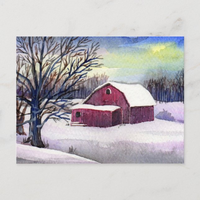 Grange rouge dans la carte postale neige (Devant)