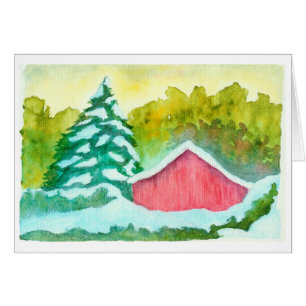 Grange rouge d'aquarelle dans des arbres d'arbre