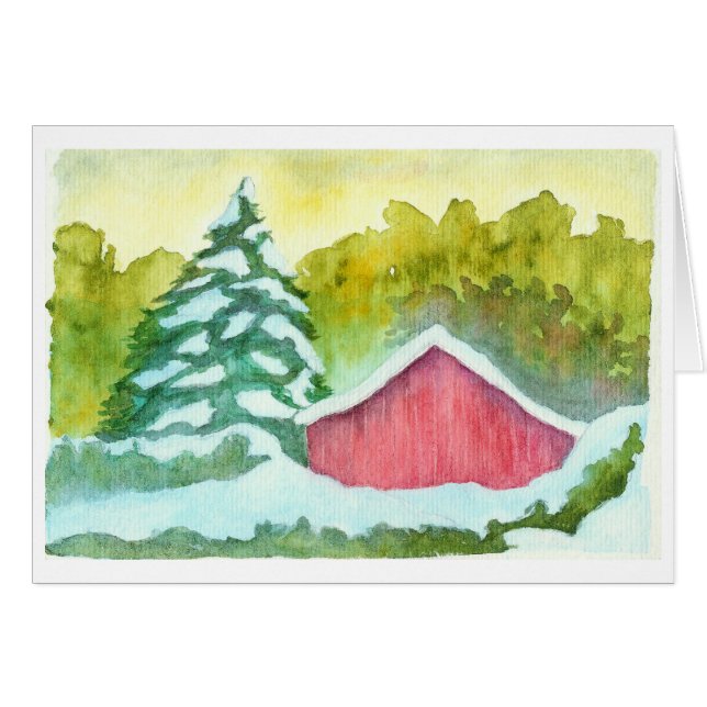 Grange rouge d'aquarelle dans des arbres d'arbre (Devant Horizontal)