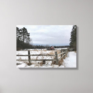 Grange rouge en hiver sur la toile