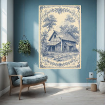Grange Rustique Toile de Jouy Bleue Paysage Vintag
