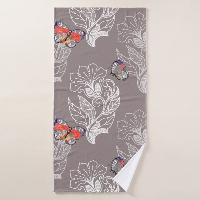 Graphique à fleurs et papillon, aquarelle, motif  (Serviette de bain)