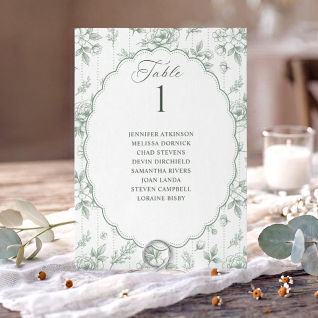 Graphique de placement de mariage vert sauge flora (Sage green French floral wedding seating chart card with oval scalloped frame and guest names.)