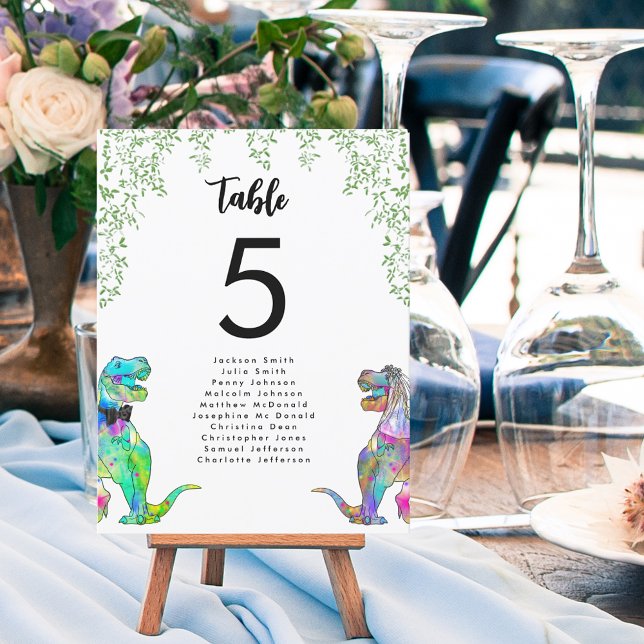Graphique de tableau Mariage de thème Dinosaur col (Colorful dinosaur bride and groom fun t-rex bride and groom wedding table number chart)