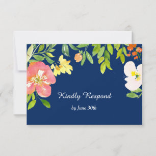 Gras Floral Bordure Marine Blue Wedding RSVP