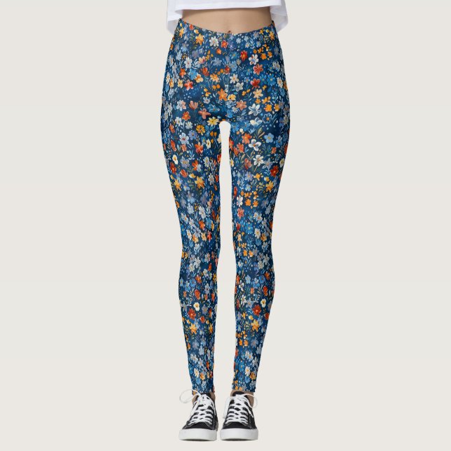 Gras Floral Ditsy Patternes Bleu foncé Leggings (Devant)
