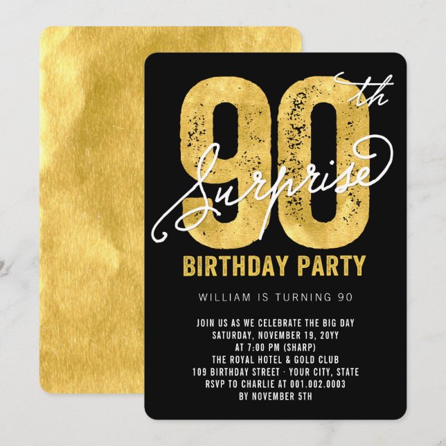 Gras Gold Foil Surprise 90e Invitation de la fête  (Devant / Derrière)