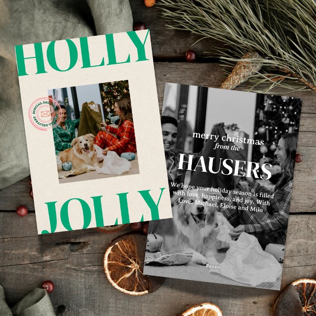 Gras Moderne Photo Famille Jolie Carte Vacances Ti (Celebrate the season in bold style with this playful “Holly Jolly” photo card. )