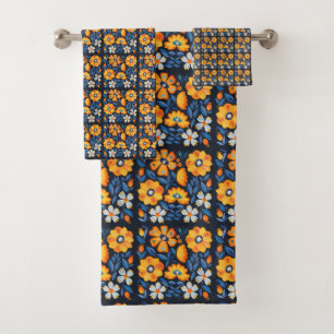 Gras Retro Floral Illustration en orange et bleu