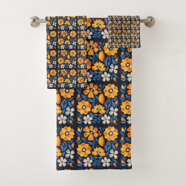 Gras Retro Floral Illustration en orange et bleu (En situation)