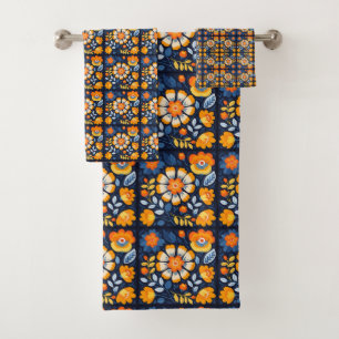 Gras Retro Floral Illustration en orange et bleu