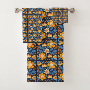 Gras Retro Floral Illustration en orange et bleu