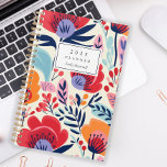 Gras rouge orange motif floral personnalisé 2025<br><div class="desc">Personnalisez ce planificateur avec votre nom en italique noir encadré par un rectangle blanc,  sur un arrière - plan beige,  un motif audacieux et coloré de fleurs rouges,  orange et violettes.</div>
