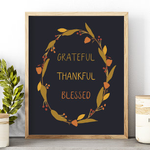 Grateful Thankful Blessé Wreath Typographie Poster