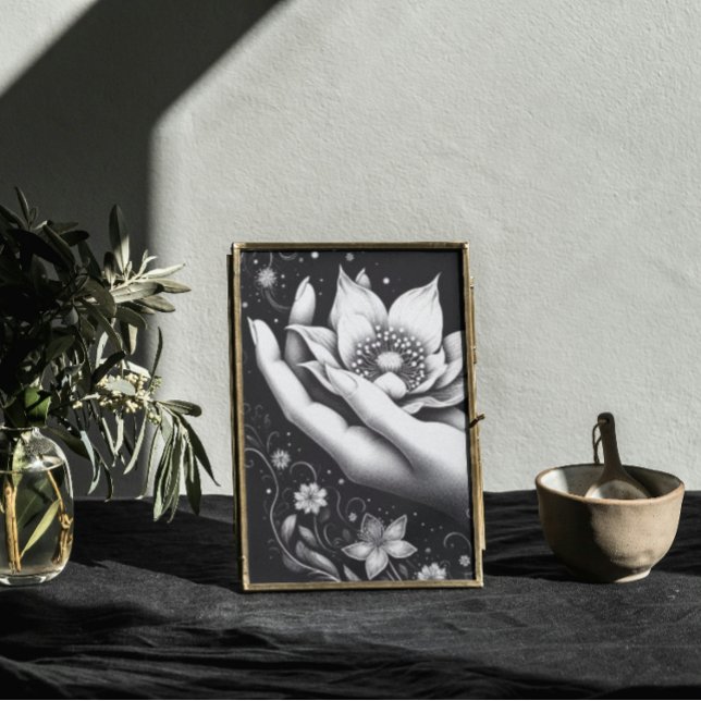 Gravure botanique à la main avec toile de pétales  (Mystical feminine lotus art, soft power and floral elegance for modern boho or Japandi-style decor)